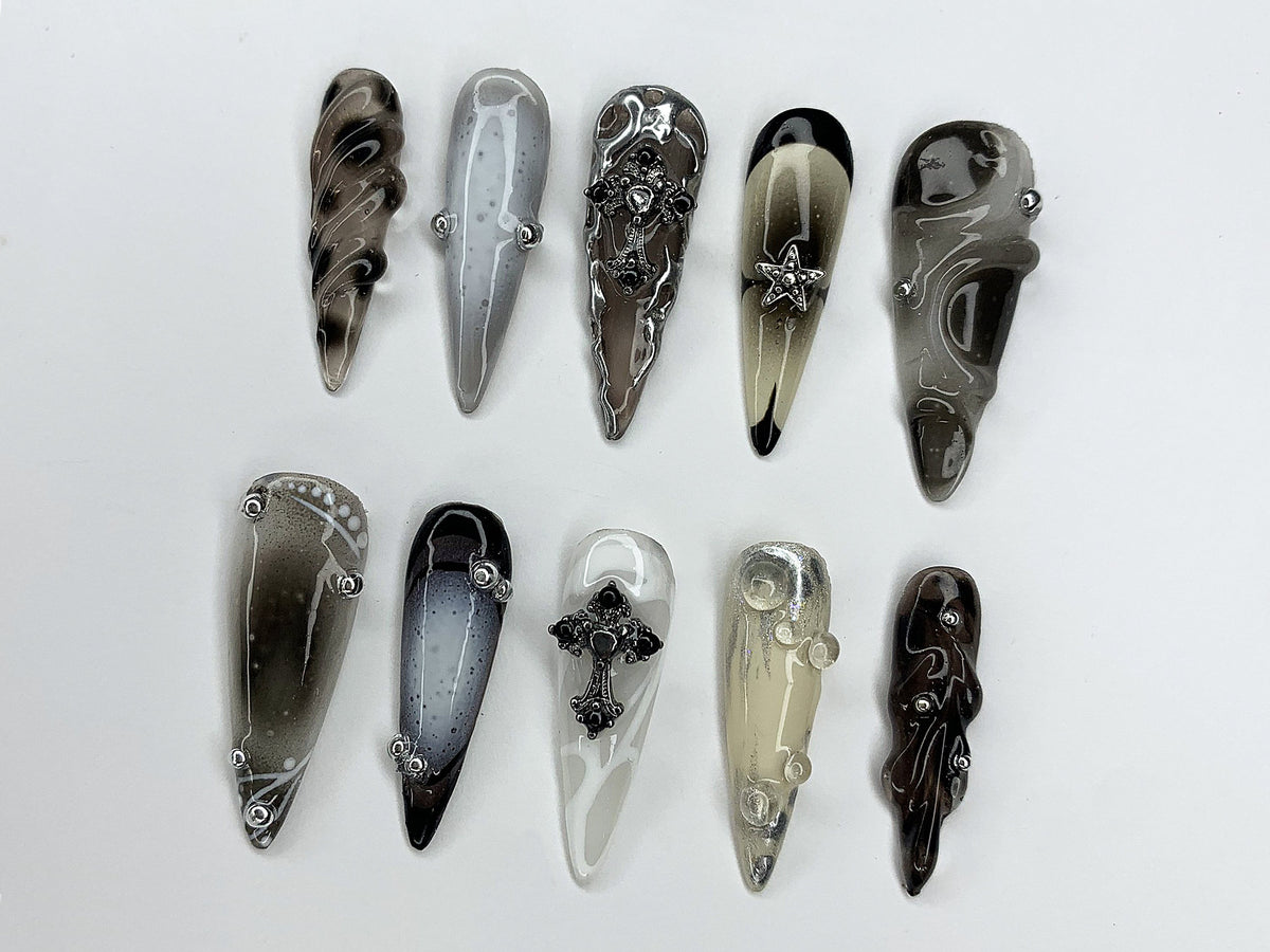 Cool Gothic Press On Nails | Luxury Black Silver Jeweled Nail charms | Luxurious Chrome and Holiday Nail Art |Long Stiletto Nail Set|JC451AH