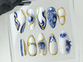Japanese Koi Fish Porcelain Nails, White & Blue Press-On Nails, Custom Handmade Bát