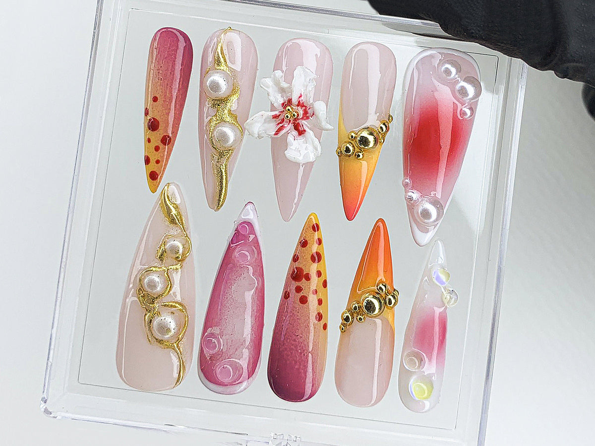Secret Garden Long Almond Flowers Press On Nails, Custom 3D Handpainted FairyCore Acrylics