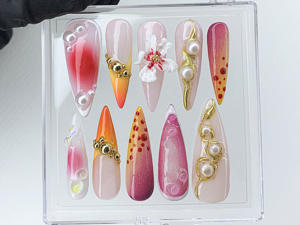 Secret Garden Long Almond Flowers Press On Nails, Custom 3D Handpainted FairyCore Acrylics