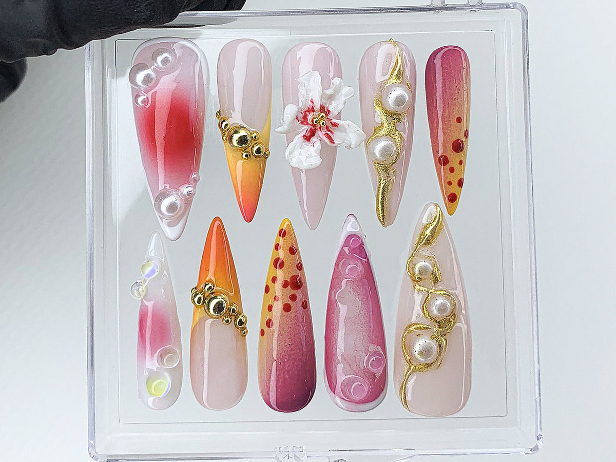 Secret Garden Long Almond Flowers Press On Nails, Custom 3D Handpainted FairyCore Acrylics