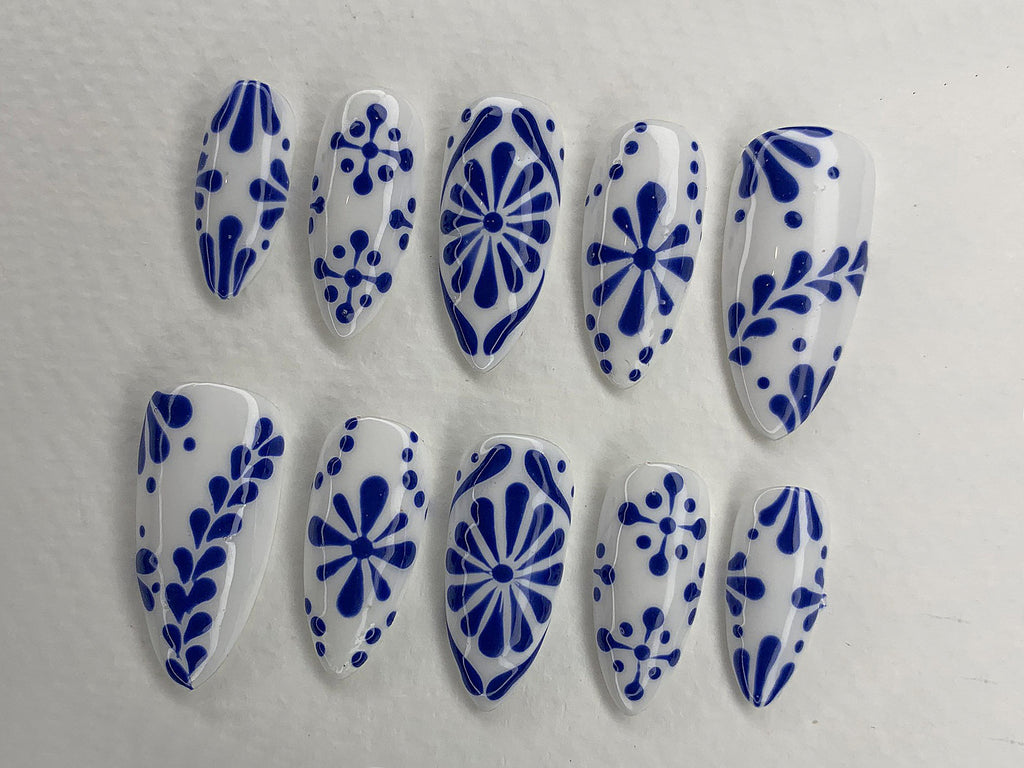 Porcelain Blue Tiles Ceramic Press On Nails | Elegant Fake Nails | Talavera Oval Acrylic Nail Art | Luxury Nails Mothers Day Gift | JC455A