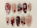 Red Cherry Blossom Nails, Cute Red & White Press On Nails, Y2K Star Style Nail Set