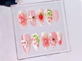 Sweet Strawberry Charm Press On Nail, Pink Bows and Flowers Nail, Floral Strawberry