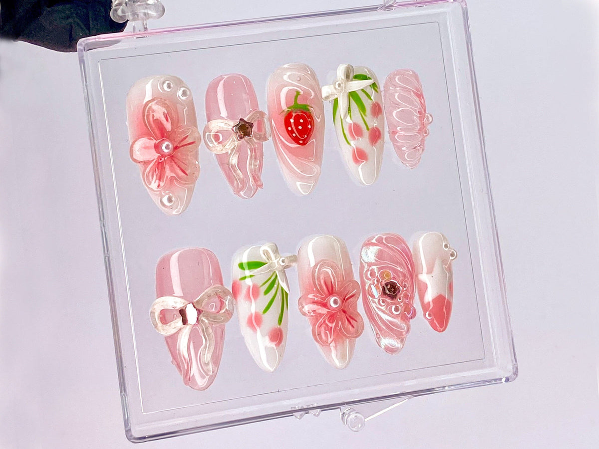 Sweet Strawberry Charm Press On Nail, Pink Bows and Flowers Nail, Floral Strawberry