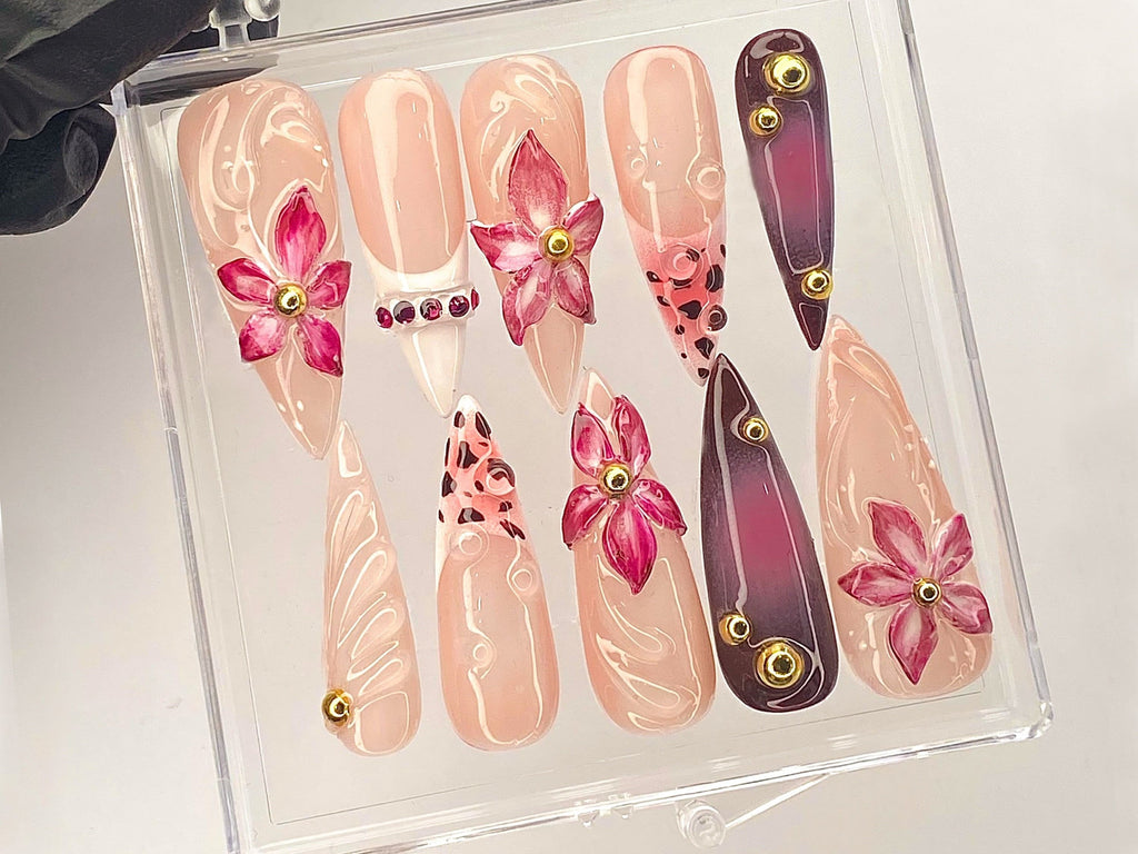 Elegant Floral Gem Press On Nail, Pink Blossom Nail Art, Luxury Flower Acrylic Nails