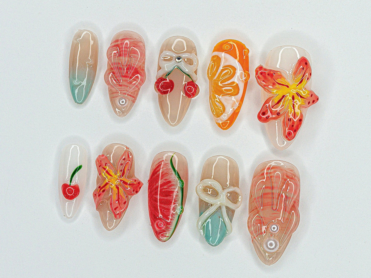 Red Cherry Blossom Nails, Cute Red & White Press On Nails, Y2K Floral Style Nail Set