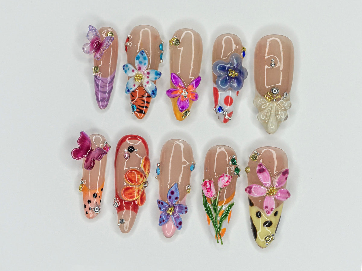Colorful Flower Garden Press On Nails, Vibrant Bloom Fake Nails, Butterfly & Flower Nail