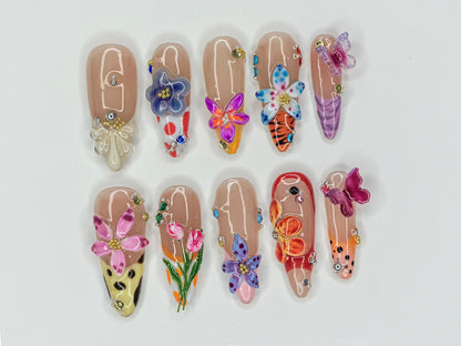 Colorful Flower Garden Press On Nails, Vibrant Bloom Fake Nails, Butterfly & Flower Nail