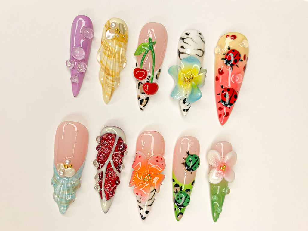 Kawaii 3D Press On Nails | Adorable 3D Nail Art | Cute Ladybug, Cherry, and Flower Designs | Vibrant 3D Kawaii Nails | JB461YL