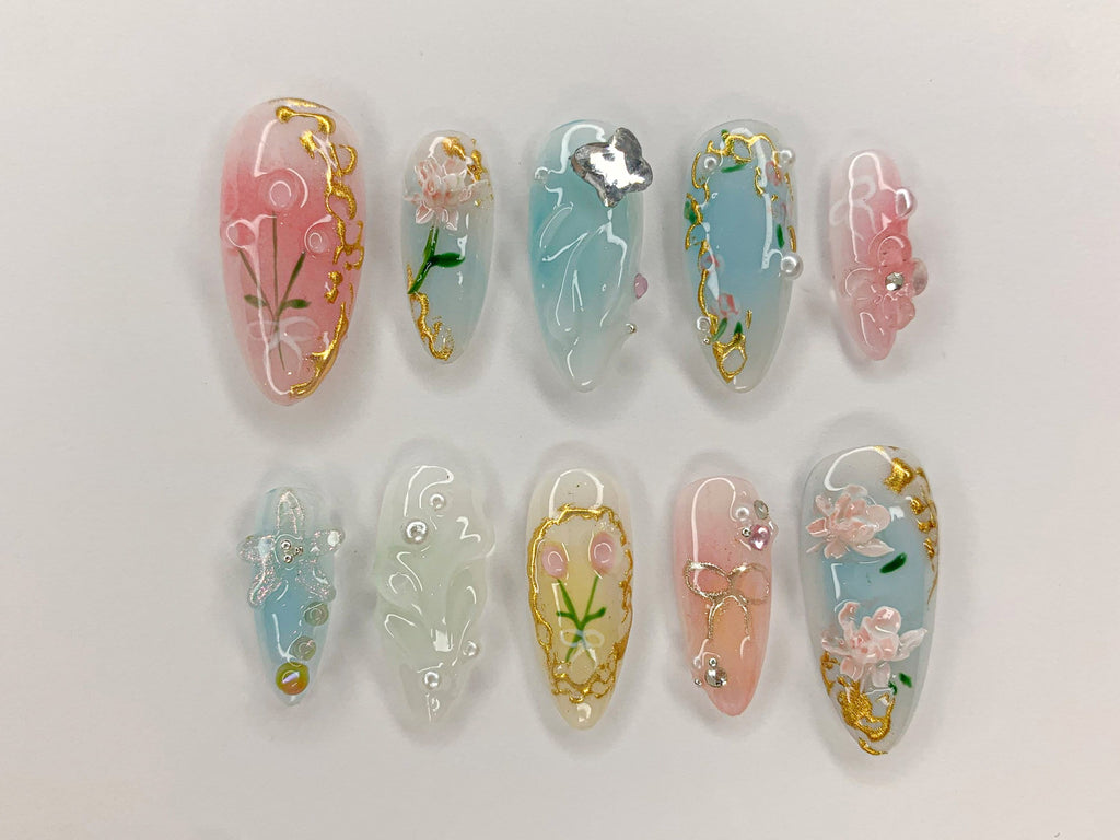 Dreamy Flowers Press On Nails Almond | Jelly Pastel Tulip Nail Art | 3D FairyCore Flower Press Ons | Romantic Nail Art in Fake Nails |JB463S