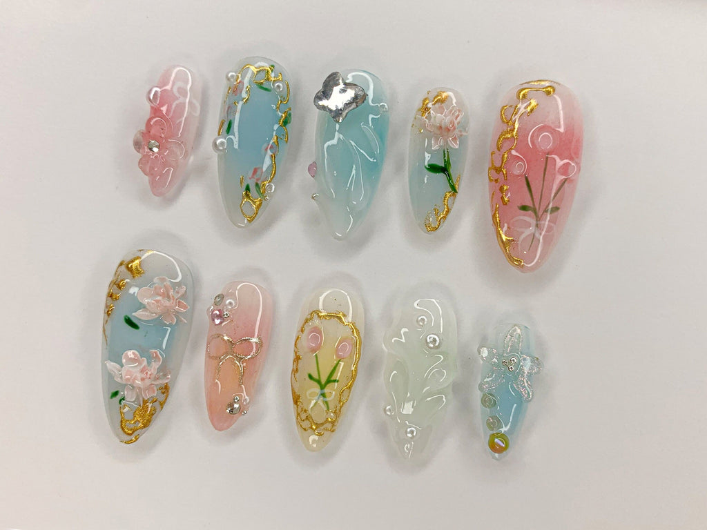 Dreamy Flowers Press On Nails Almond | Jelly Pastel Tulip Nail Art | 3D FairyCore Flower Press Ons | Romantic Nail Art in Fake Nails |JB463S
