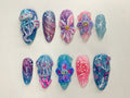 Ocean-Inspired 3D Press On Nails, 3D Jellyfish and Floral Art, Hand-Painted Underwater