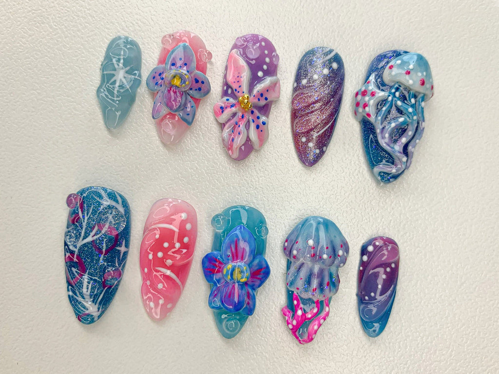 Ocean-Inspired 3D Press On Nails, 3D Jellyfish and Floral Art, Hand-Painted Underwater