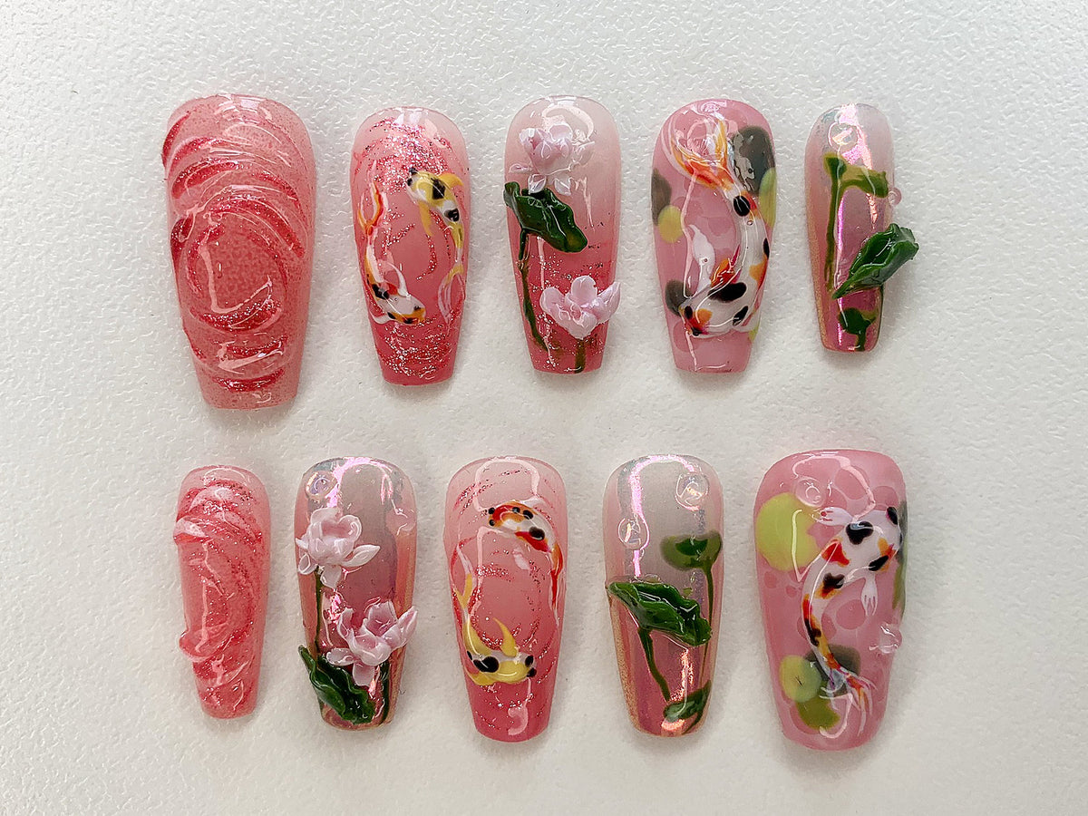 Koi Pond Bliss Press On Nails | Koi Floral Acrylic Nails | Serene Waters Nail Art | Blossoming Fake Nails | Pink Garden Koi Nails | JB464AV
