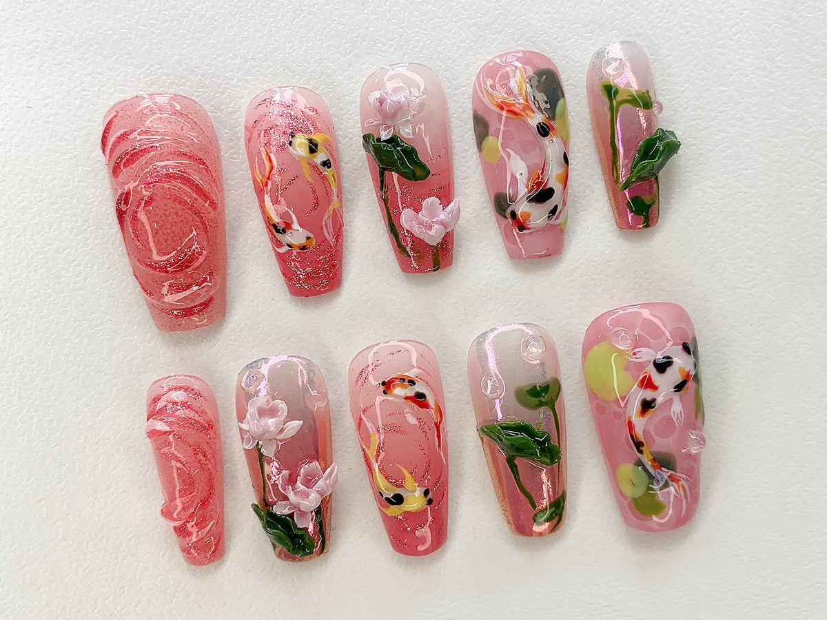 Koi Pond Bliss Press On Nails | Koi Floral Acrylic Nails | Serene Waters Nail Art | Blossoming Fake Nails | Pink Garden Koi Nails | JB464AV
