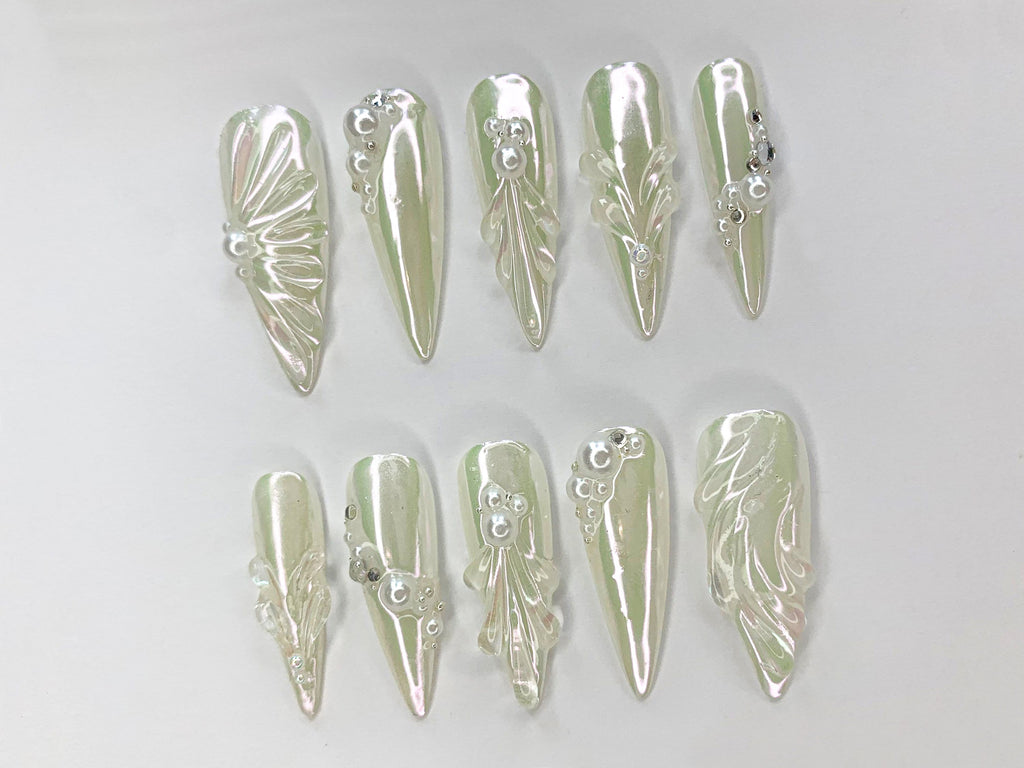 Free Style 3D Gel and White Pearl Long Almond Press On Nails | Handpainted Gothic Fake Nails | Y2K Emo Chrome Nails | Wedding Nails |JC466SV