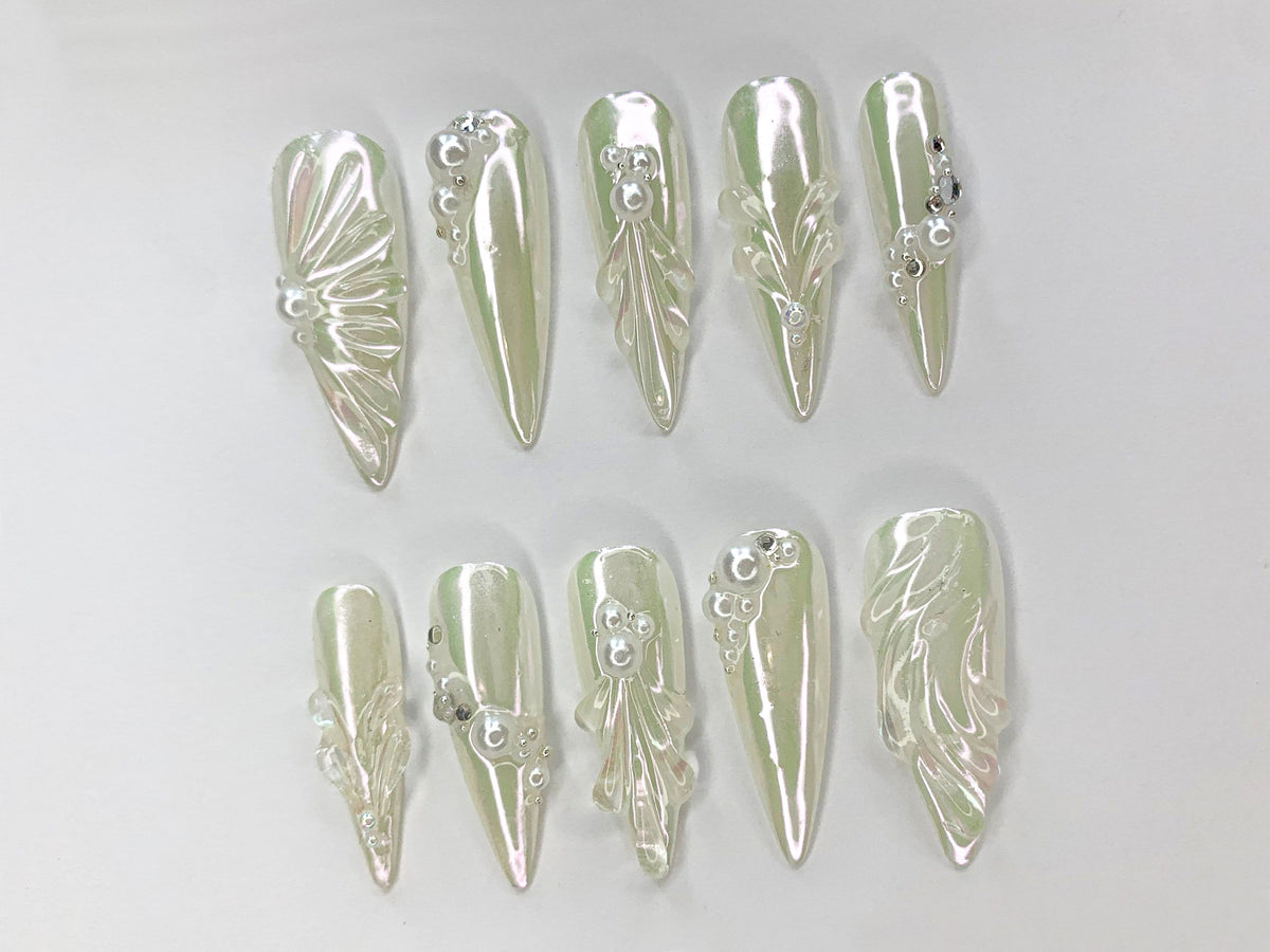 Free Style 3D Gel and White Pearl Long Almond Press On Nails | Handpainted Gothic Fake Nails | Y2K Emo Chrome Nails | Wedding Nails |JC466SV