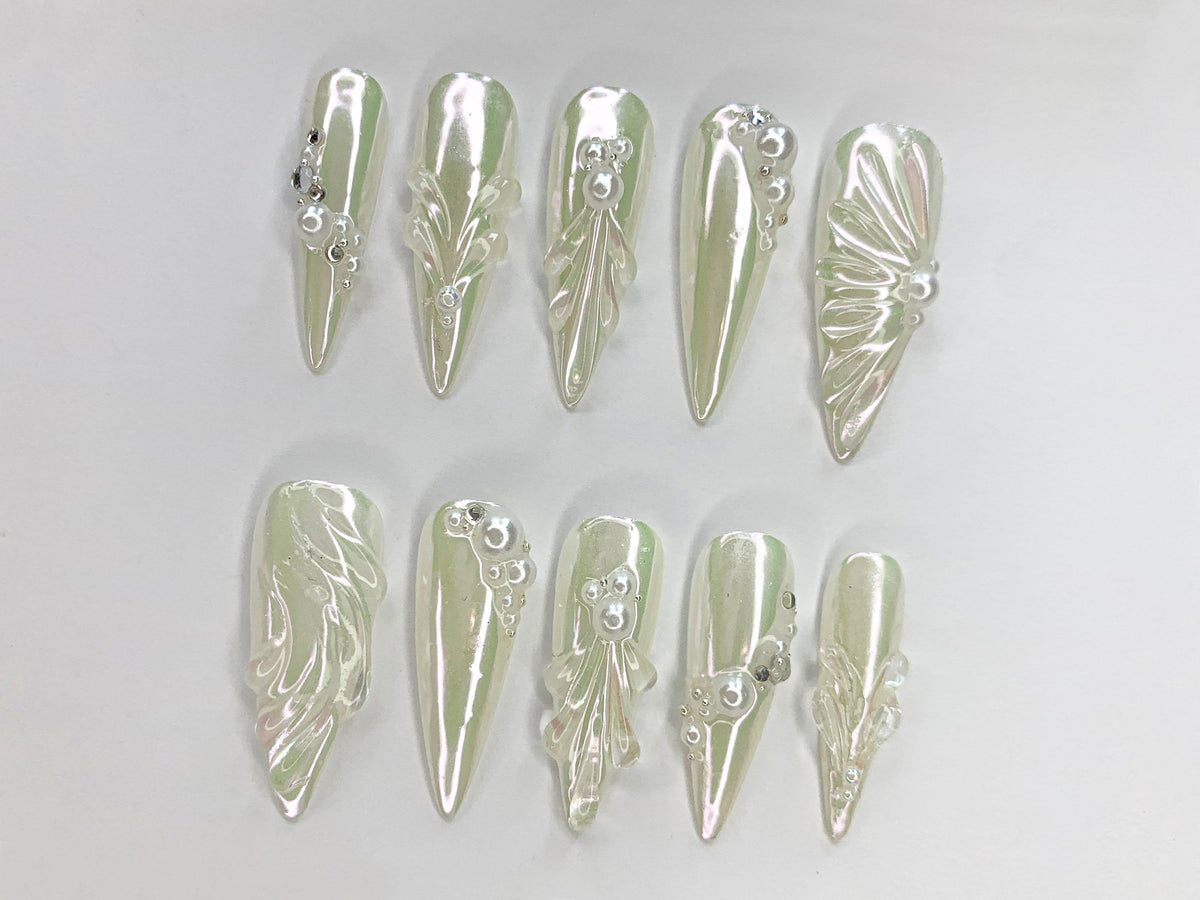 Free Style 3D Gel and White Pearl Long Almond Press On Nails | Handpainted Gothic Fake Nails | Y2K Emo Chrome Nails | Wedding Nails |JC466SV