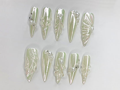 Free Style 3D Gel and White Pearl Long Almond Press On Nails | Handpainted Gothic Fake Nails | Y2K Emo Chrome Nails | Wedding Nails |JC466SV