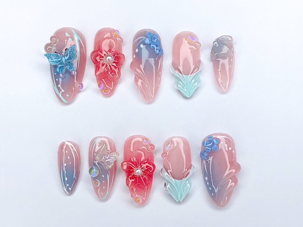 Secret Garden Press On Nails, Long Almond Flowers Nails, Butterfly Charms, Fairy Tale