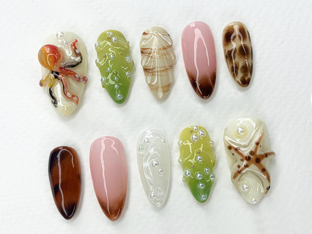 Jelly Ocean-Inspired Press On Nails Almond, 3D Beach Theme with Seashells and Mermaid