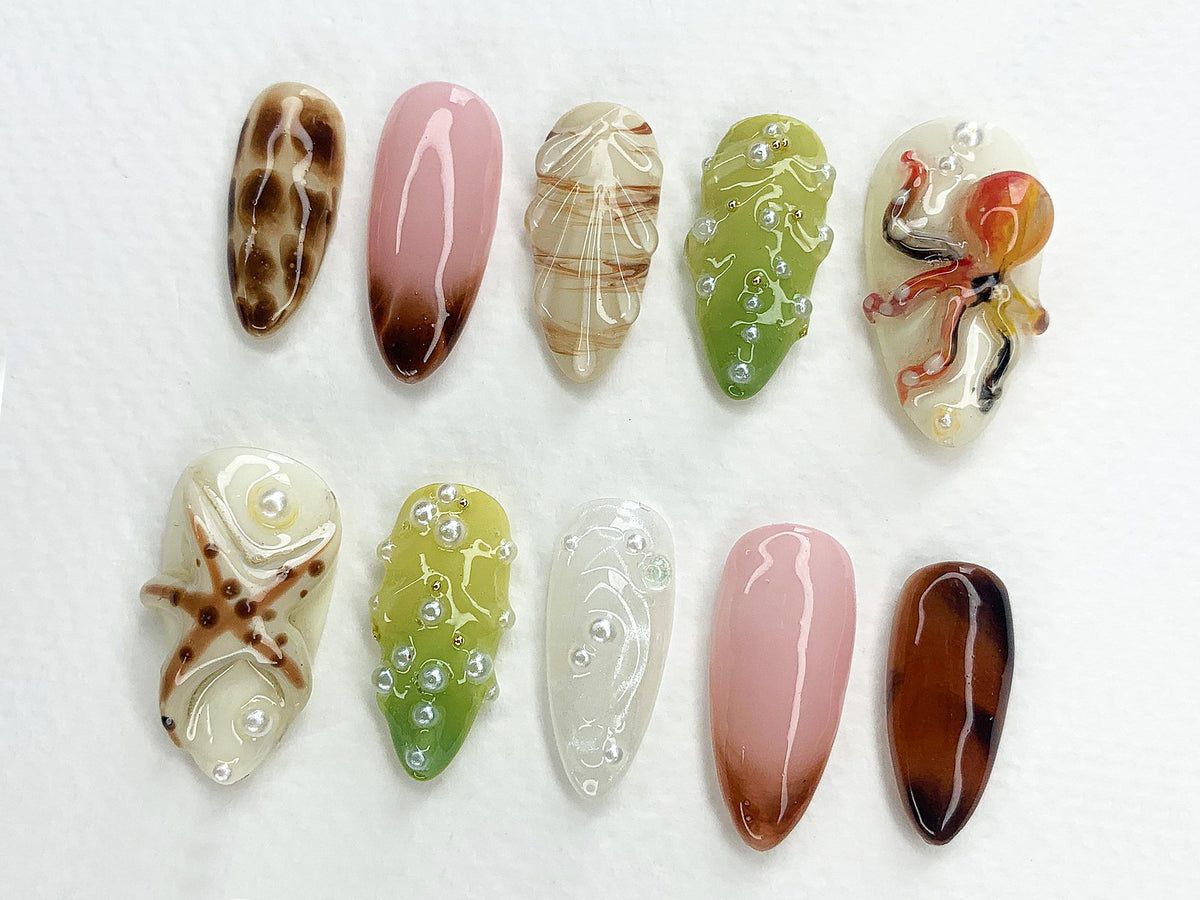 Jelly Ocean-Inspired Press On Nails Almond, 3D Beach Theme with Seashells and Mermaid