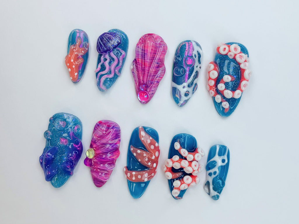 Ocean-Inspired 3D Press On Nails | 3D Jellyfish and Floral Art | Hand-Painted Underwater Press On Nails | Beautiful Ocean-Themed | JB474SL