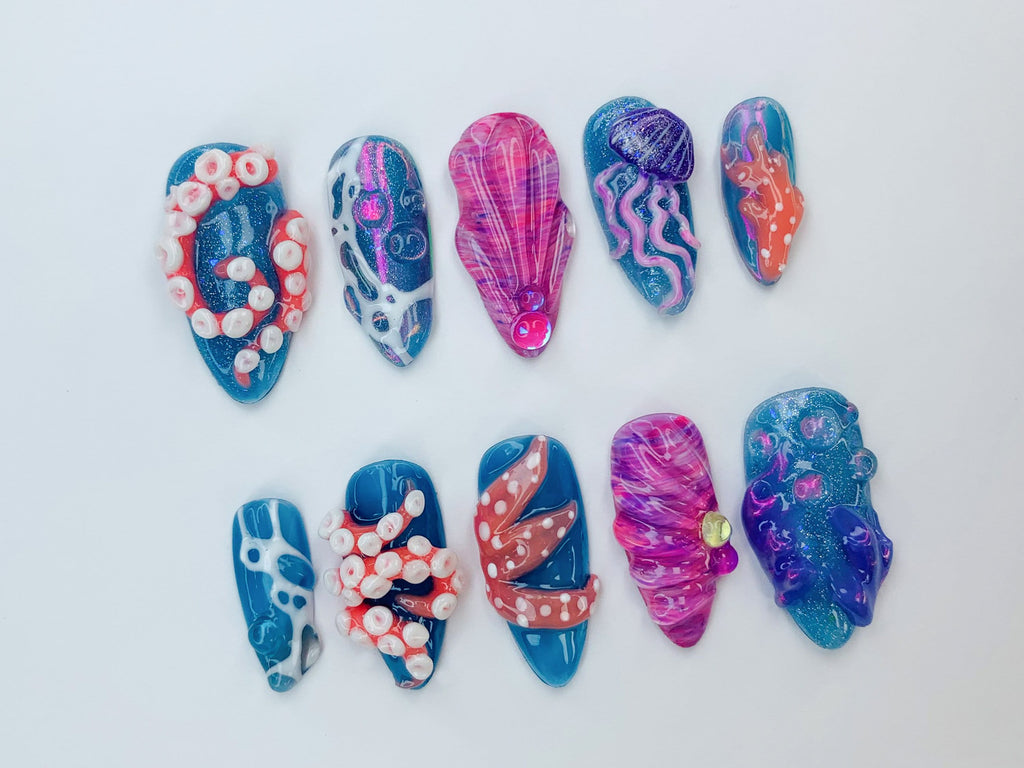 Ocean-Inspired 3D Press On Nails | 3D Jellyfish and Floral Art | Hand-Painted Underwater Press On Nails | Beautiful Ocean-Themed | JB474SL