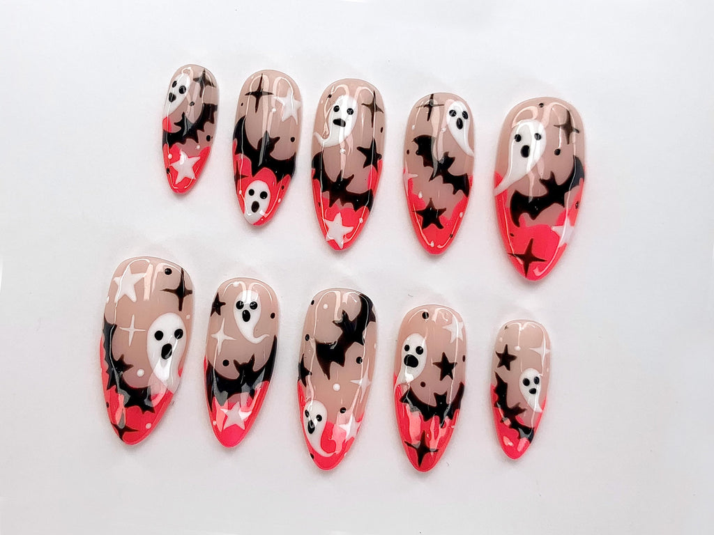 Spooky Ghost And Starry Night Press On Nails | Custom Halloween Nail Art | Glow in the Dark Halloween Fake Nails | Cute Halloween | JC475YC