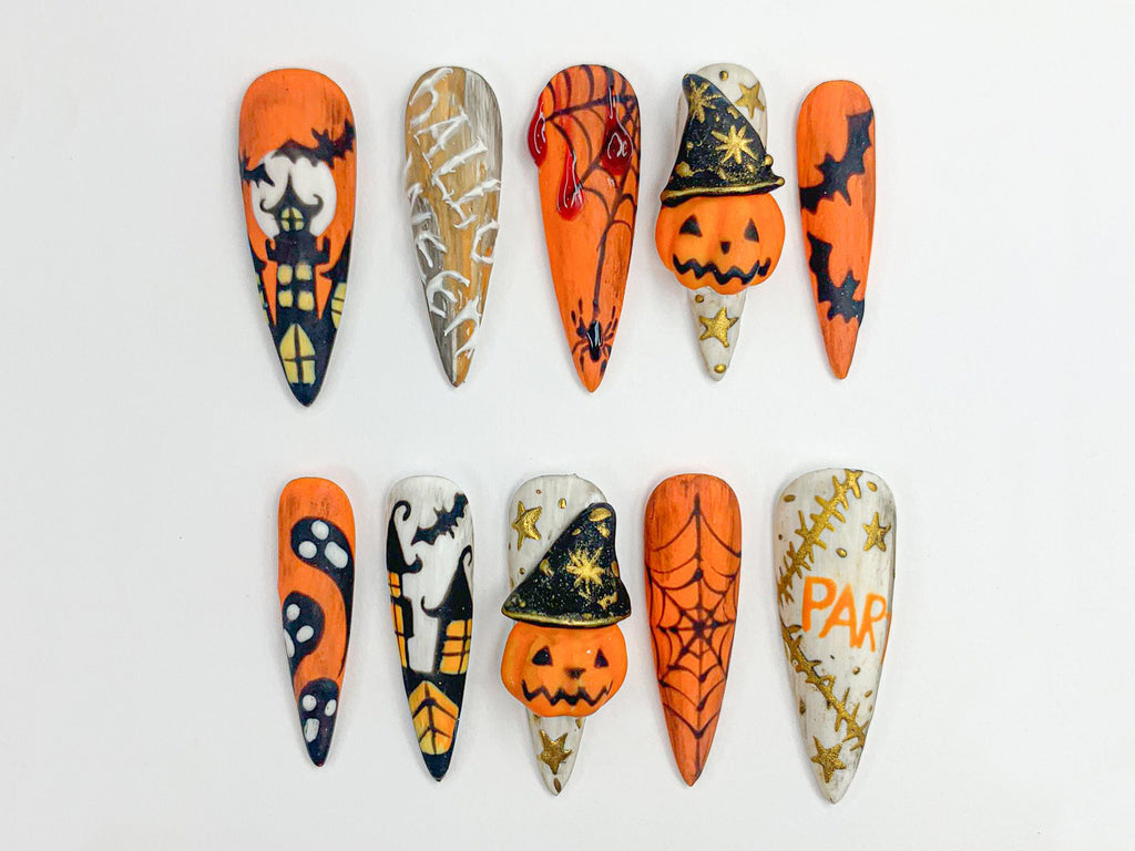 Spooky Halloween Press On Nails, 3D Blood Drip and Pumpkin Press On Set, Creepy Cute
