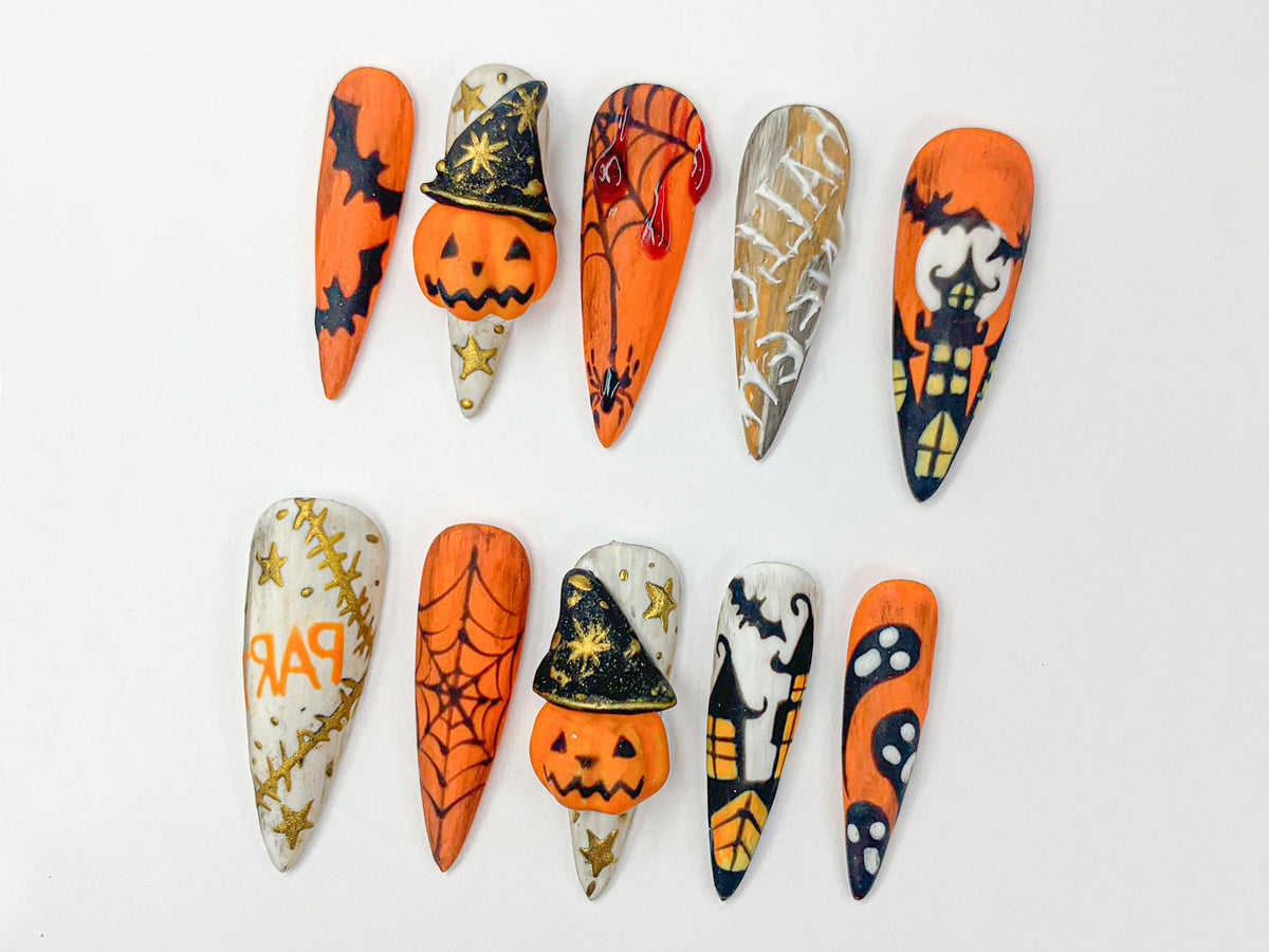 Spooky Halloween Press On Nails, 3D Blood Drip and Pumpkin Press On Set, Creepy Cute