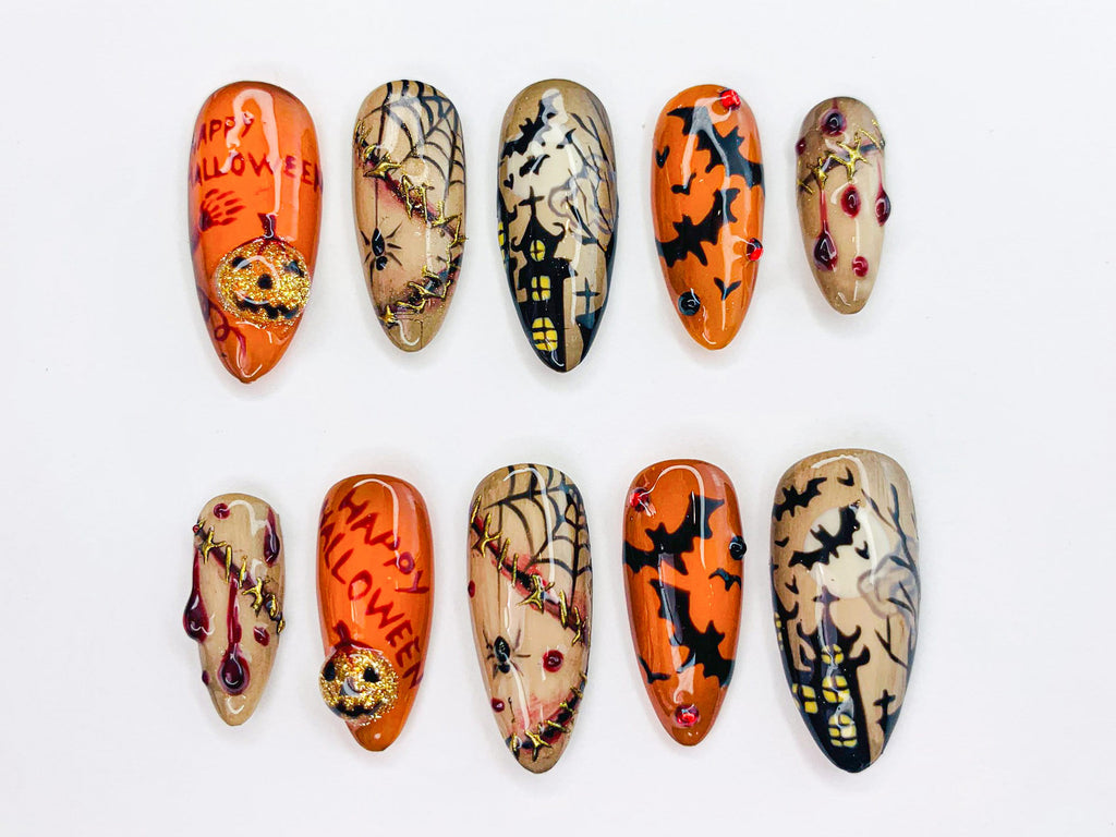 Spooky Halloween Press On Nails | 3D Blood Drip and Pumpkin Press On Set | Creepy Cute Halloween Nails | Scary Holiday Almond Nails |JB472SL