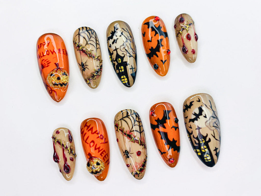 Spooky Halloween Press On Nails | 3D Blood Drip and Pumpkin Press On Set | Creepy Cute Halloween Nails | Scary Holiday Almond Nails |JB472SL