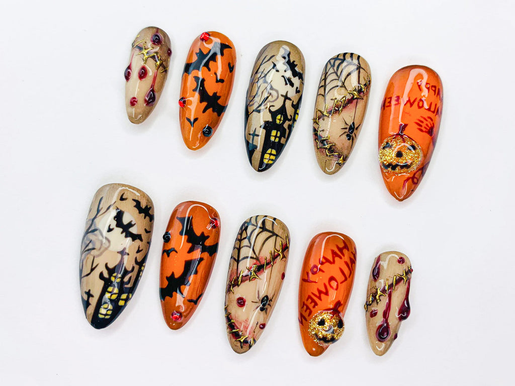 Spooky Halloween Press On Nails | 3D Blood Drip and Pumpkin Press On Set | Creepy Cute Halloween Nails | Scary Holiday Almond Nails |JB472SL
