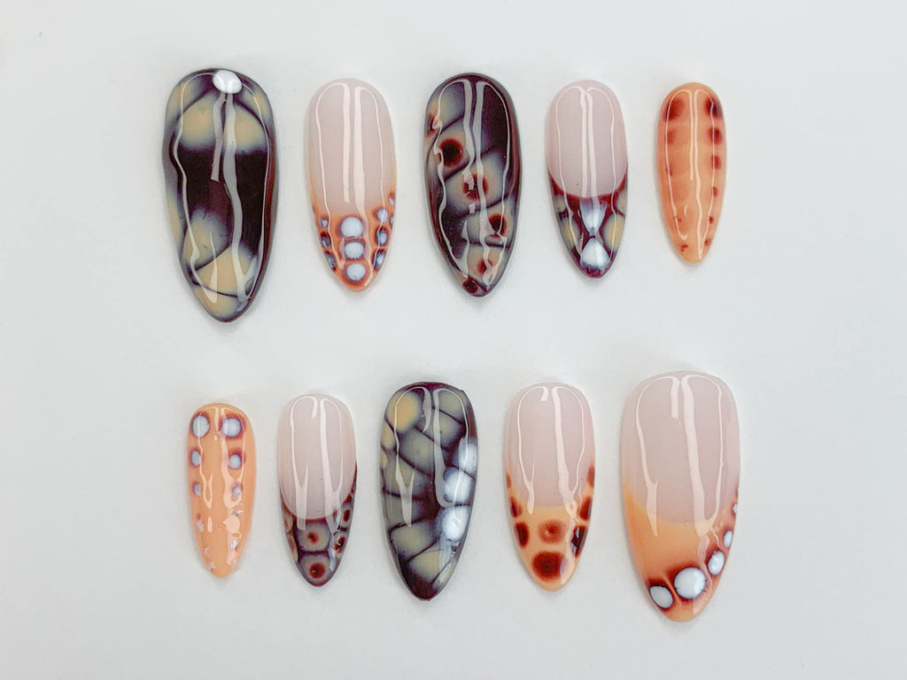 Abstract Press On Nails | Smoke Effect Nail Art | Marble Design | Long Coffin Nails | Hand-Painted Press On Nails | JC482SC