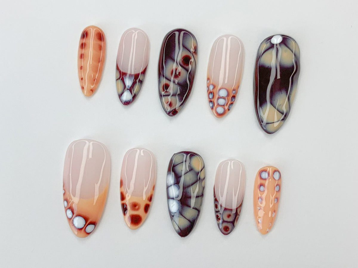 Abstract Press On Nails | Smoke Effect Nail Art | Marble Design | Long Coffin Nails | Hand-Painted Press On Nails | JC482SC