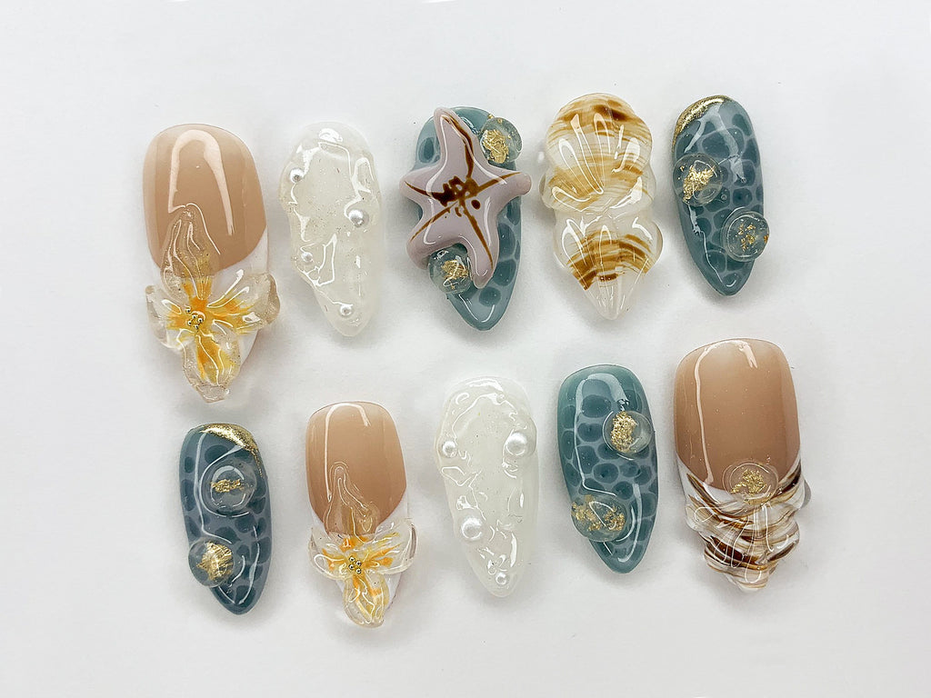 Ocean-Inspired Press On Nails Almond, 3D Beach Theme with Seashells and Starfish, Handmade