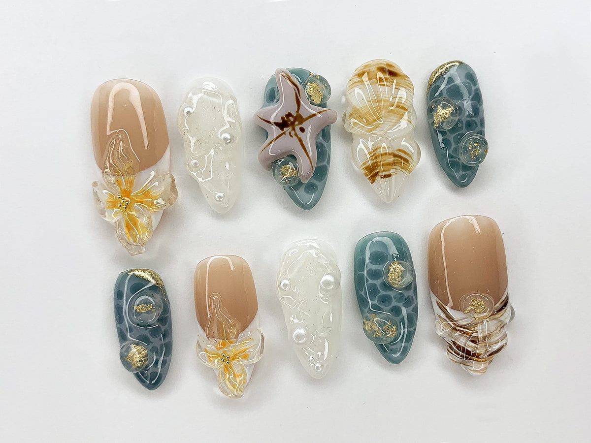 Ocean-Inspired Press On Nails Almond, 3D Beach Theme with Seashells and Starfish, Handmade