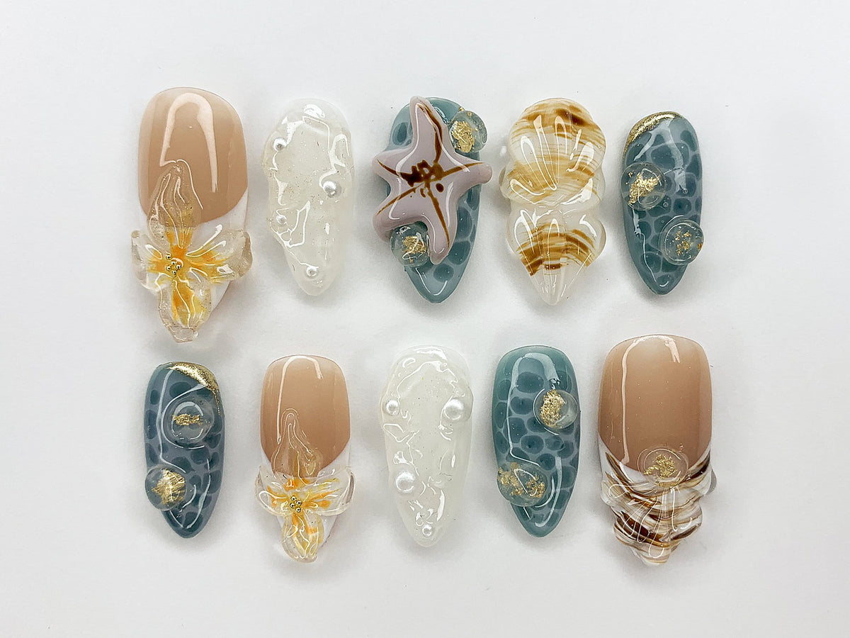Ocean-Inspired Press On Nails Almond, 3D Beach Theme with Seashells and Starfish, Handmade