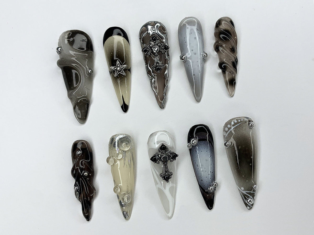 Cool Gothic Press On Nails | Luxury Black Silver Jeweled Nail charms | Luxurious Chrome and Holiday Nail Art |Long Stiletto Nail Set|JC451AH