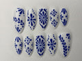 Porcelain Blue Tiles Ceramic Press On Nails | Elegant Fake Nails | Talavera Oval Acrylic Nail Art | Luxury Nails Mothers Day Gift | JC455A