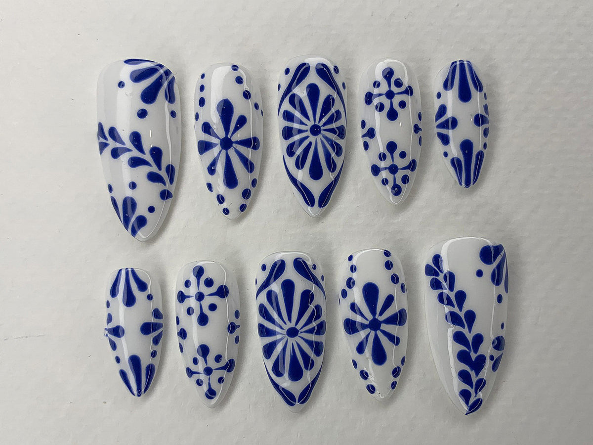 Porcelain Blue Tiles Ceramic Press On Nails | Elegant Fake Nails | Talavera Oval Acrylic Nail Art | Luxury Nails Mothers Day Gift | JC455A