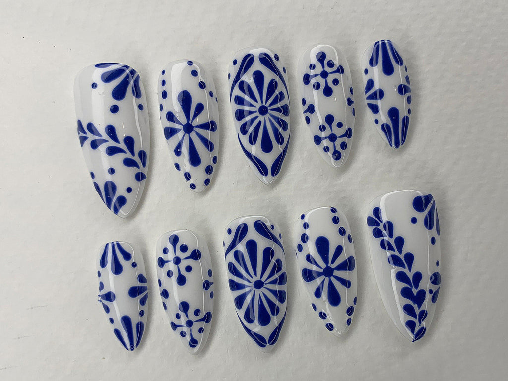 Porcelain Blue Tiles Ceramic Press On Nails | Elegant Fake Nails | Talavera Oval Acrylic Nail Art | Luxury Nails Mothers Day Gift | JC455A