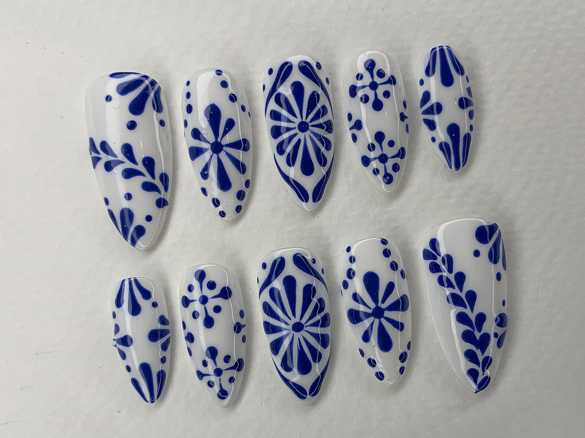 Porcelain Blue Tiles Ceramic Press On Nails | Elegant Fake Nails | Talavera Oval Acrylic Nail Art | Luxury Nails Mothers Day Gift | JC455A