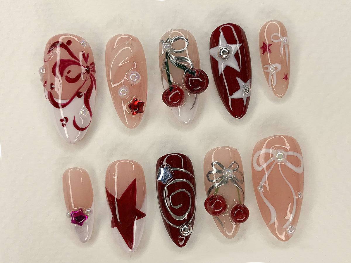 Red Cherry Blossom Nails, Cute Red & White Press On Nails, Y2K Star Style Nail Set