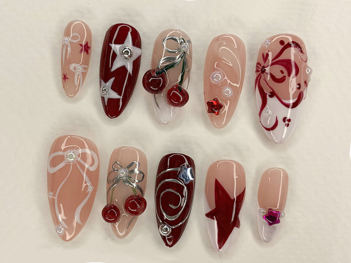 Red Cherry Blossom Nails, Cute Red & White Press On Nails, Y2K Star Style Nail Set