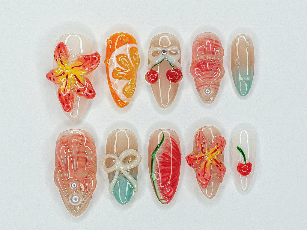 Red Cherry Blossom Nails, Cute Red & White Press On Nails, Y2K Floral Style Nail Set