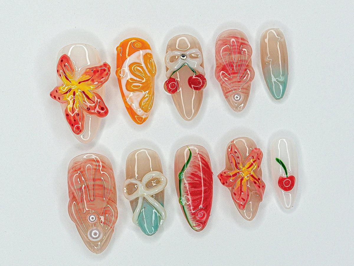 Red Cherry Blossom Nails, Cute Red & White Press On Nails, Y2K Floral Style Nail Set