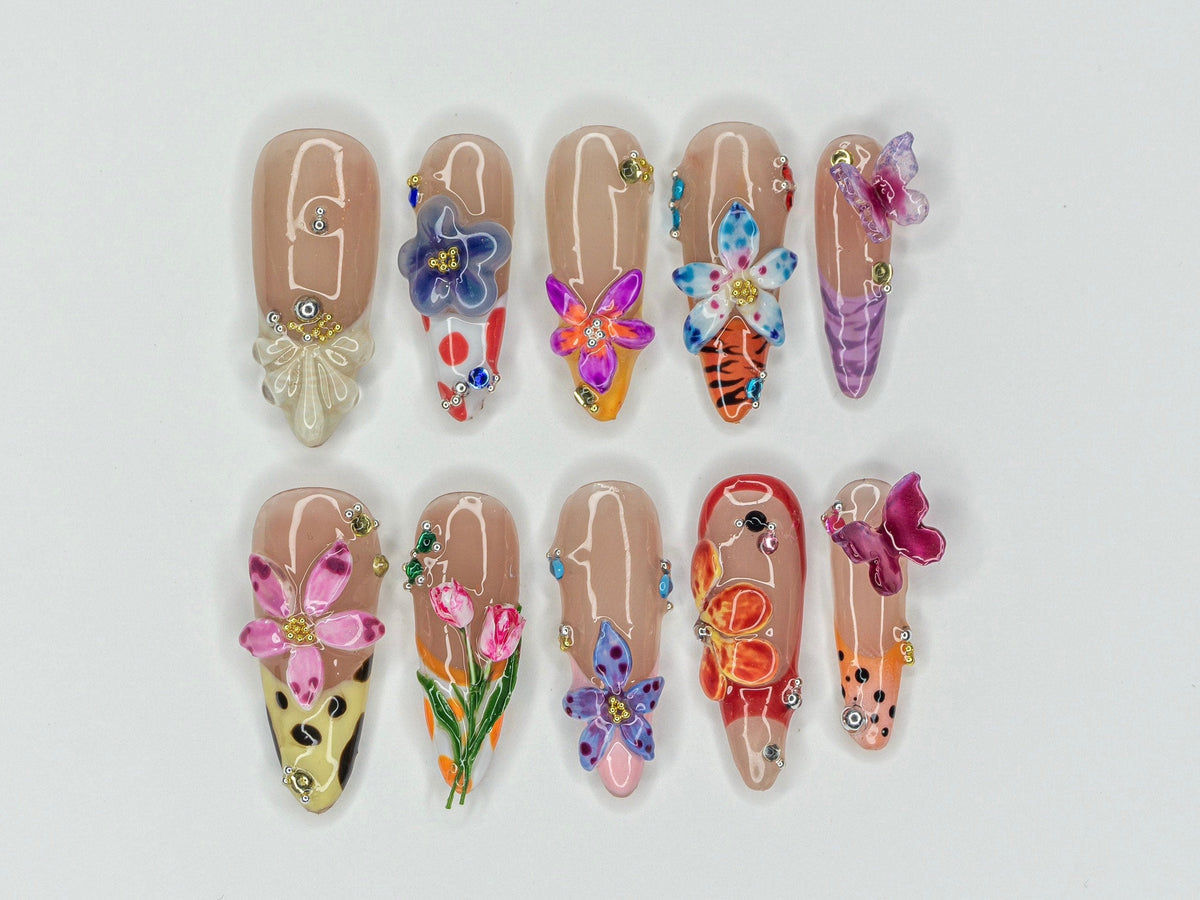 Colorful Flower Garden Press On Nails, Vibrant Bloom Fake Nails, Butterfly & Flower Nail